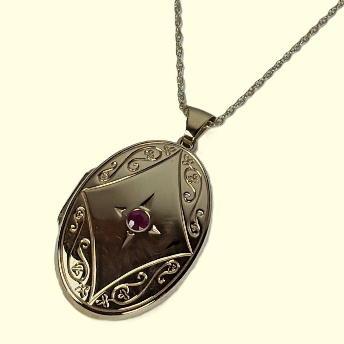 9ct gold ruby set locket and chain