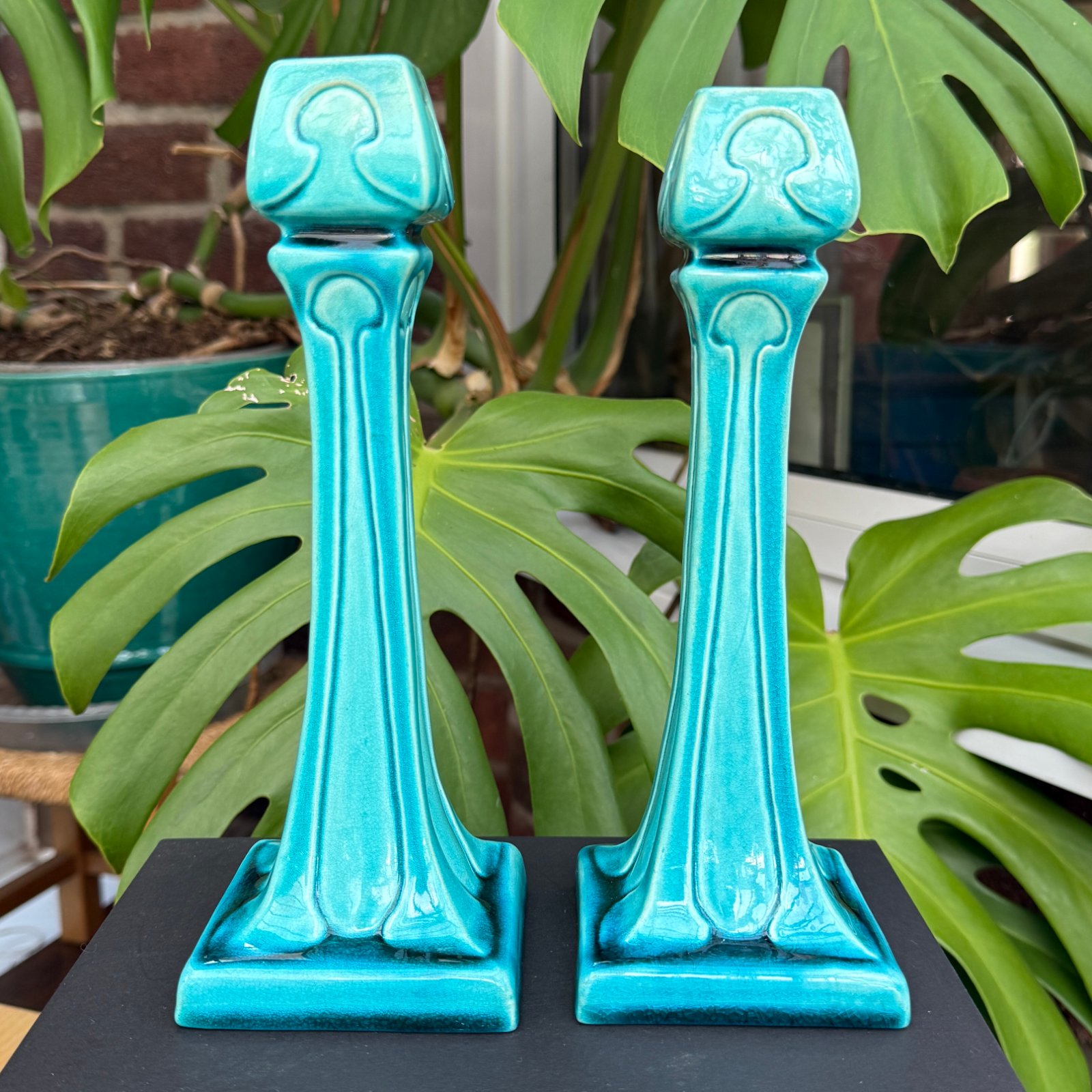 Burmantofts Faience Turquoise Art Nouveau Candlesticks